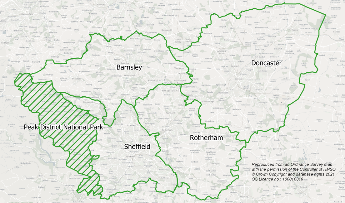 Map showing the area covered by the South Yorkshire Local Heritage List